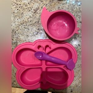 2 for $10- Kushies Pink and Purple Kids Butterfly Dinner Set- plate, bowl, spoon